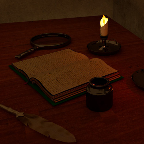 3d desk with book and candles